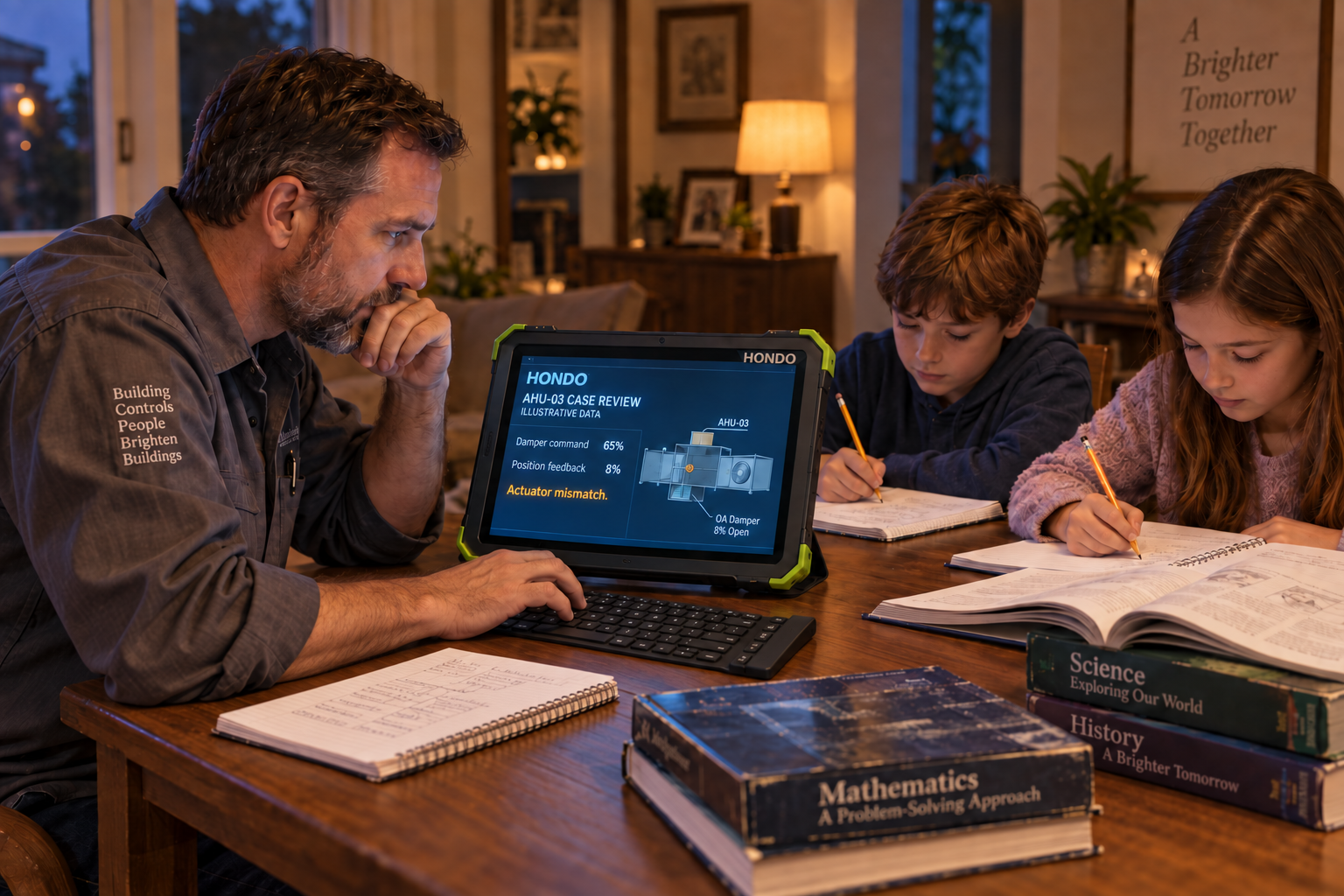 Dad reviews a building-controls case on HONDO while his children study at a table without food.
