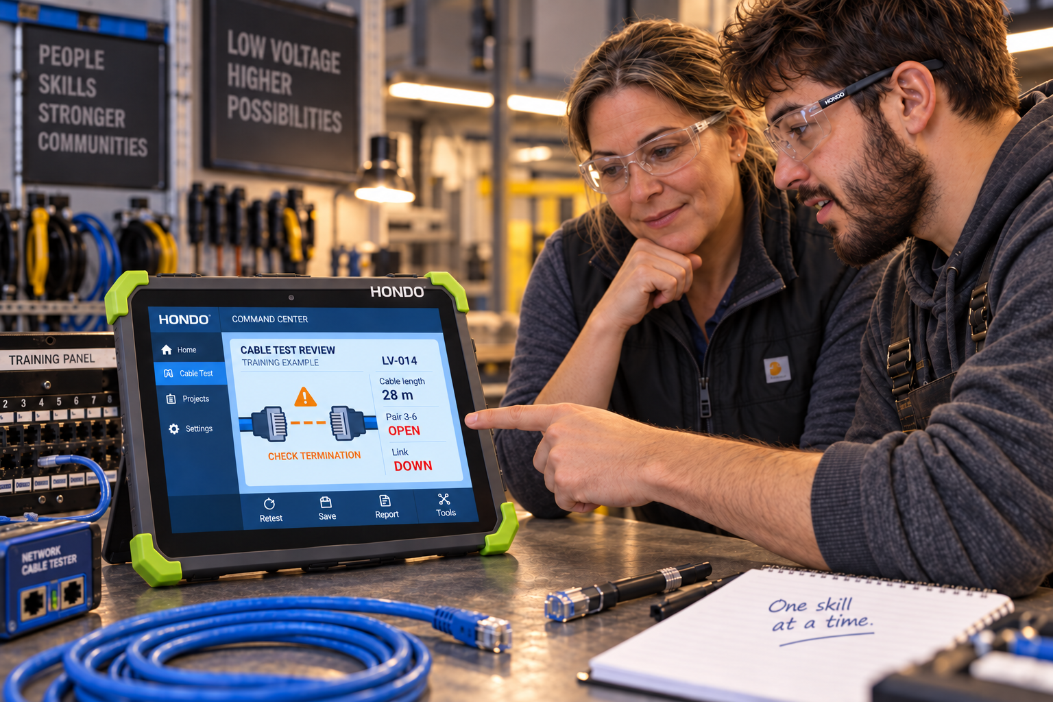 A Low Voltage apprentice and mentor study fresh cable-test evidence together.