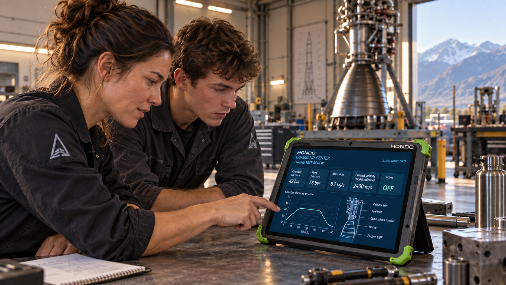 Propulsion technicians reviewing illustrative engine-test readings on a prominent HONDO unit.